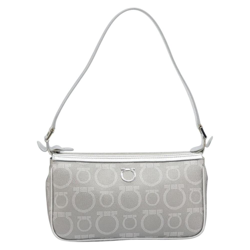 Salvatore Ferragamo Leather Coated Canvas Hand Pouch Silver